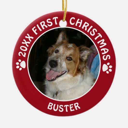 Pet Dog FIRST CHRISTMAS Pawprint Aangepaste kleur Keramisch Ornament (Voorkant)
