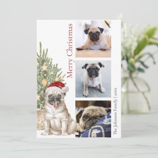 Pet Dog Foto van Cute Pug en Kerstmis Feestdagenkaart (Staand voorkant)