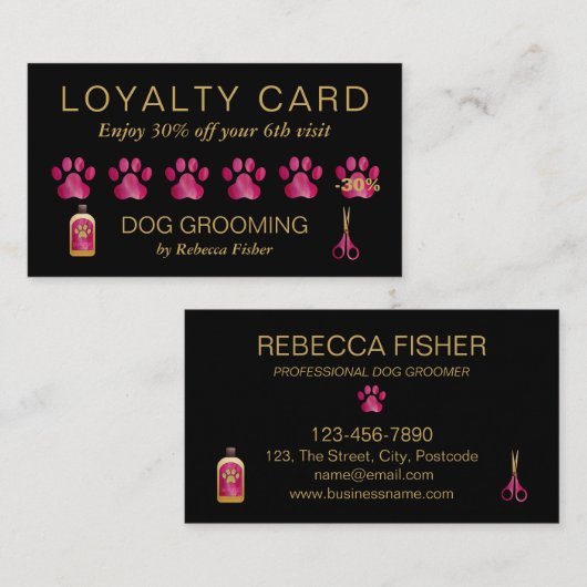 Pet Dog Grooming Black Roze Loyalty Rewards Kaart Afsprakenkaartje (Voorkant / Achterkant)