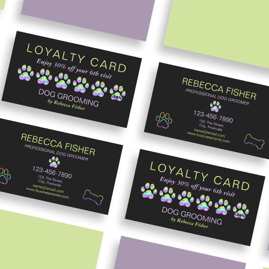 Pet Dog Grooming Loyalty Reward Kaarten Rainbow Visitekaartje