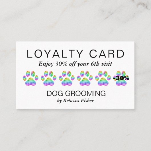 Pet Dog Grooming Rainbow Paws Loyalty Rewards Kaar Visitekaartje (Voorkant)
