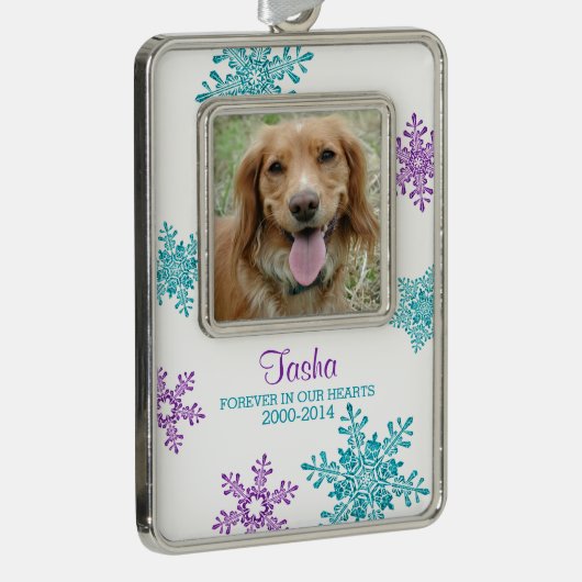 Pet Dog Memorial Foto Kerst Blauwgroen Paarse Verzilverd Omlijst Ornament (Rechts)