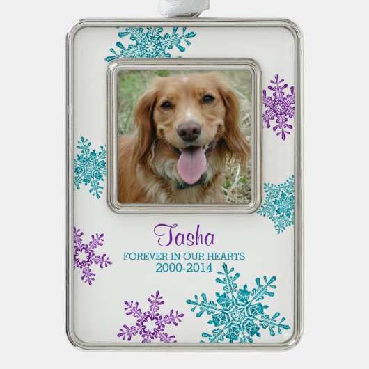 Pet Dog Memorial Foto Kerst Blauwgroen Paarse Verzilverd Omlijst Ornament (Voorkant)