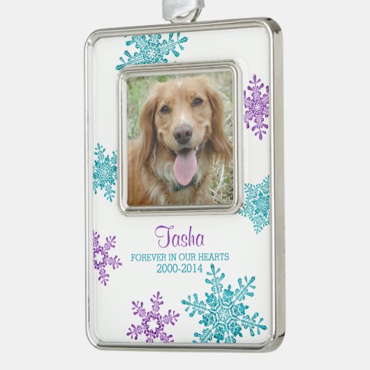Pet Dog Memorial Foto Kerst Blauwgroen Paarse Verzilverd Omlijst Ornament (Links)