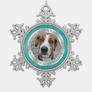 Pet Dog Memorial Foto Kerst Blauwgroen Zilver Tin Sneeuwvlok Ornament