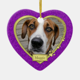 Pet Dog Memorial Foto Kerst Paarse Gouden Hart Keramisch Ornament