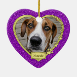 Pet Dog Memorial Foto Kerst Paarse Gouden Hart Keramisch Ornament