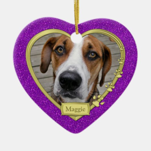 Pet Dog Memorial Foto Kerst Paarse Gouden Hart Keramisch Ornament (Voorkant)