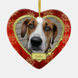 Pet Dog Memorial Foto Kerst Rood Goud Hart Keramisch Ornament
