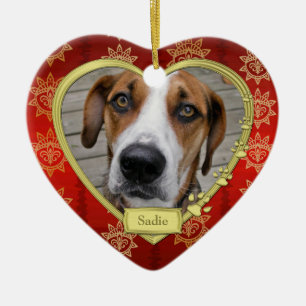 Pet Dog Memorial Foto Kerst Rood Goud Hart Keramisch Ornament
