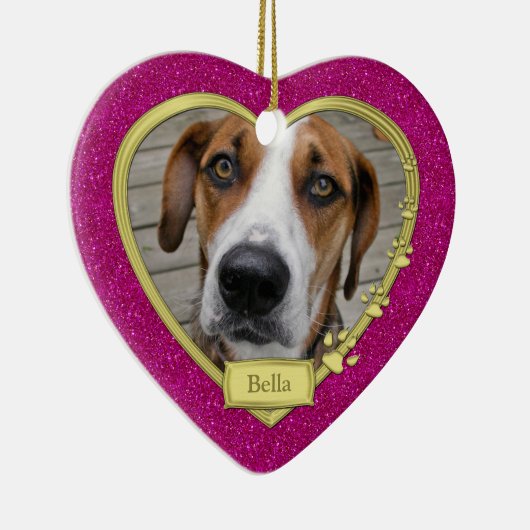 Pet Dog Memorial Foto Kerst Roze Goud Hart Keramisch Ornament (Rechts)