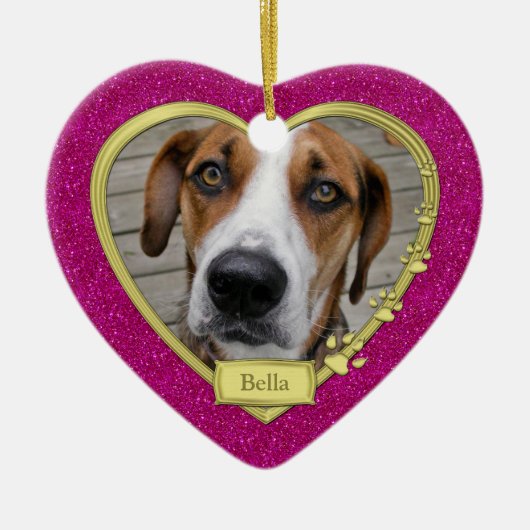 Pet Dog Memorial Foto Kerst Roze Goud Hart Keramisch Ornament (Voorkant)