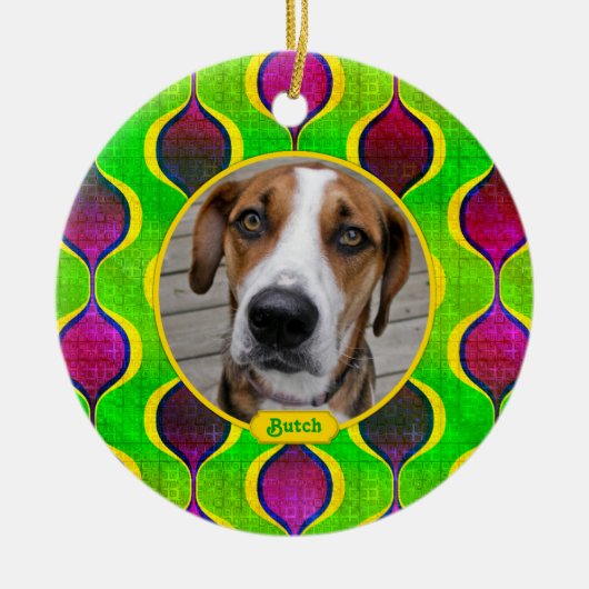 Pet Dog Memorial Paarse Groene Foto Kerst Keramisch Ornament (Voorkant)