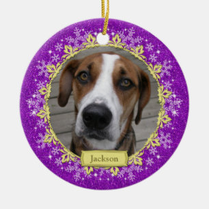 Pet Dog Memorial Paarse sneeuwvlok Foto Kerst Keramisch Ornament