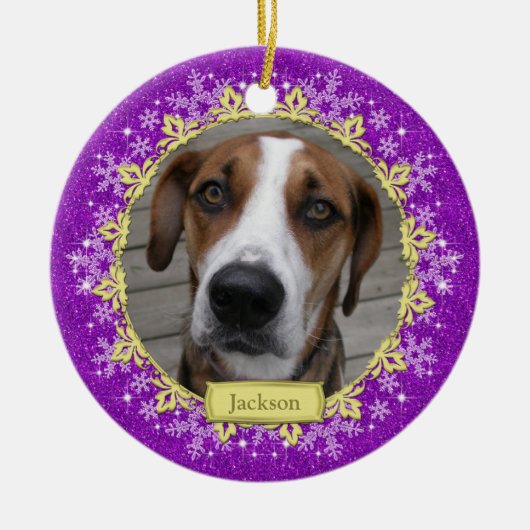 Pet Dog Memorial Paarse sneeuwvlok Foto Kerst Keramisch Ornament (Voorkant)