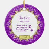 Pet Dog Memorial Paarse sneeuwvlok Foto Kerst Keramisch Ornament (Achterkant)