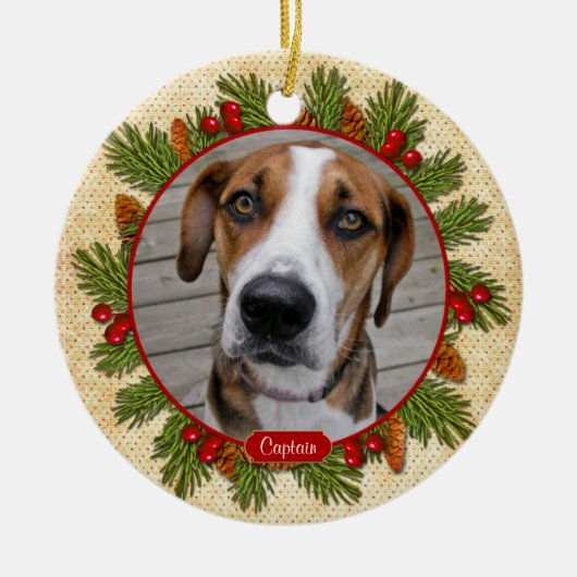 Pet Dog Memorial Pine Boughs Holly Foto van Kerstm Keramisch Ornament (Voorkant)