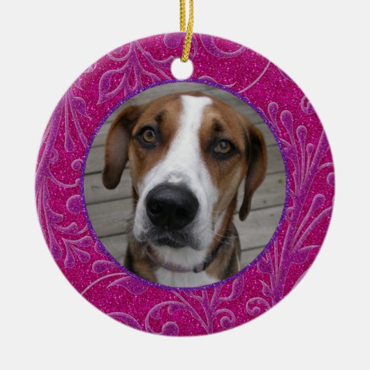 Pet Dog Memorial Roze Paarse foto Kerst Keramisch Ornament (Voorkant)