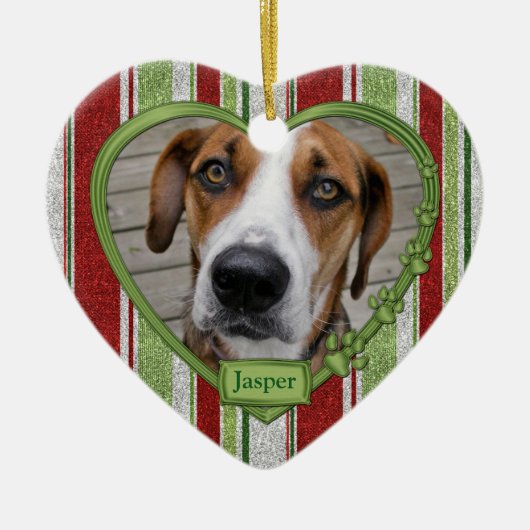 Pet Dog Memorial Stripes Foto Hart Kerstmis Keramisch Ornament (Voorkant)