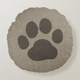 Pet Dog Paw Print | Faux Linen Burlap Style Rond Kussen