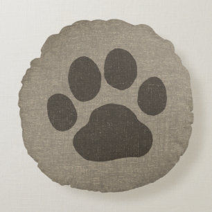 Pet Dog Paw Print   Faux Linen Burlap Style Rond Kussen