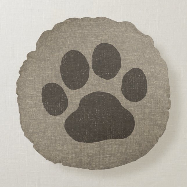 Pet Dog Paw Print | Faux Linen Burlap Style Rond Kussen (Voorkant)