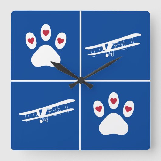 Pet Dog Paw Print & Vliegtuig, Schattige Luchtvaar Vierkante Klok (Voorkant)