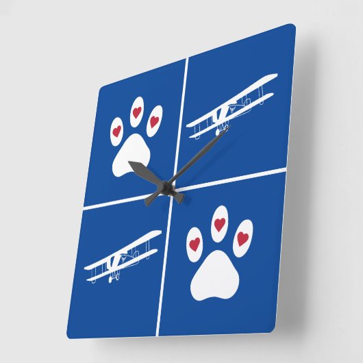 Pet Dog Paw Print & Vliegtuig, Schattige Luchtvaar Vierkante Klok (Hoek)