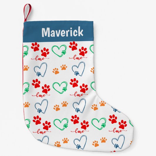 Pet Dog Paw Prints gepersonaliseerd Kleine Kerstsok (Voorkant)
