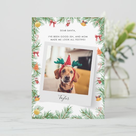 Pet Dog Photo Naughty of Nice Custom Christmas Feestdagenkaart (Staand voorkant)
