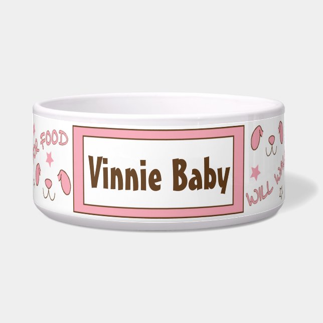 Pet DOG Pink Bowl Large "Will Play for Food" Voerbakje (Voorkant)