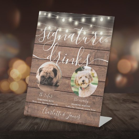 Pet Dog Signature Drink String Lights Rustiek Hout Reclamebord Met Voetstuk