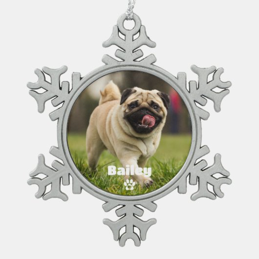 Pet Dog Simple Paw Print Custom Name Photo Tin Sneeuwvlok Ornament (Voorkant)