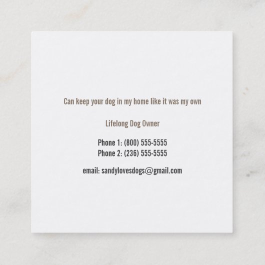 Pet Dog Sitter Sitting Services Business Vierkante Visitekaartje (Achterkant)
