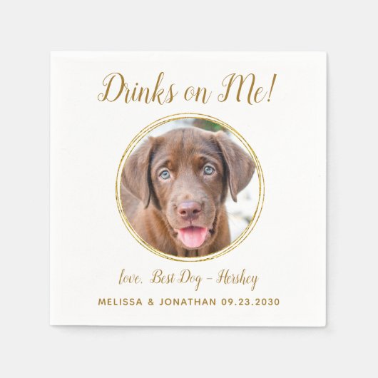 Pet Dog Wedding Drinken op me Foto Elegant Gold Servet (Voorkant)