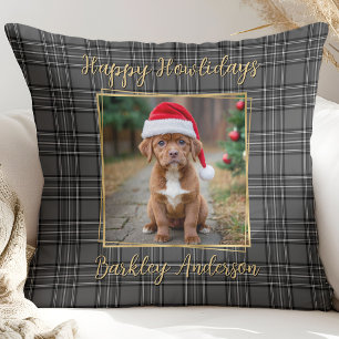 Pet Dog Winter Grey Plaid Custom Gold Moderne Foto Kussen
