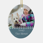 Pet Dogs Eerste Kerstmis. Je eigen foto - blauw Keramisch Ornament (Rechts)