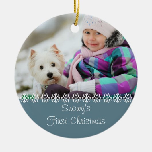 Pet Dogs Eerste Kerstmis. Je eigen foto - blauw Keramisch Ornament (Voorkant)