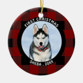 Pet EERSTE CHRISTMAS Red Buffalo Check Personated Keramisch Ornament (Voorkant)