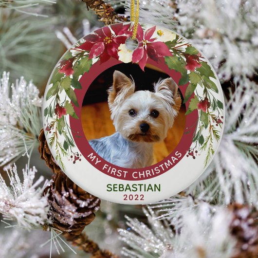 Pet Eerste Kerstmis 2 foto met twee zijden Floral Keramisch Ornament