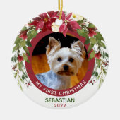 Pet Eerste Kerstmis 2 foto met twee zijden Floral Keramisch Ornament (Voorkant)