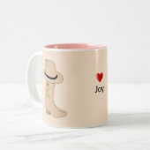 Pet en boeken op beige tweekleurige koffiemok (Voorkant links)