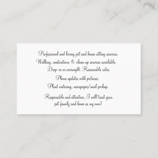 Pet en House Sitting Husky and Sunflower Visitekaartje (Achterkant)