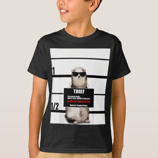 Pet Ferret T-shirt Funny Ferret, dief, mugshot, ca (Voorkant)