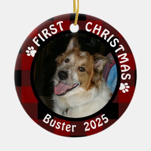 Pet FIRST CHRISTMAS 2-Sided 2-Photo Buffalo Check Keramisch Ornament (Voorkant)