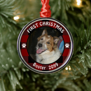 Pet FIRST CHRISTMAS Rustic Red Black Pset Photo Metalen Ornament