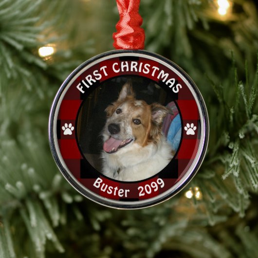 Pet FIRST CHRISTMAS Rustic Red Black Pset Photo Metalen Ornament (Boom)