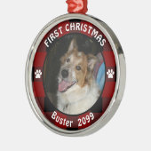Pet FIRST CHRISTMAS Rustic Red Black Pset Photo Metalen Ornament (Links)