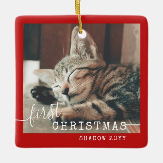 Pet First Kerstfoto Red Rustic Keramisch Ornament (Voorkant)