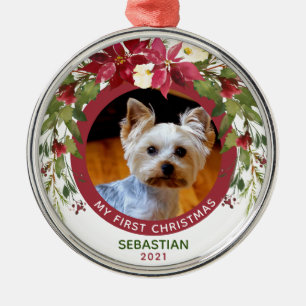 Pet First Kersthond Foto Poinsettia Wreator Metalen Ornament